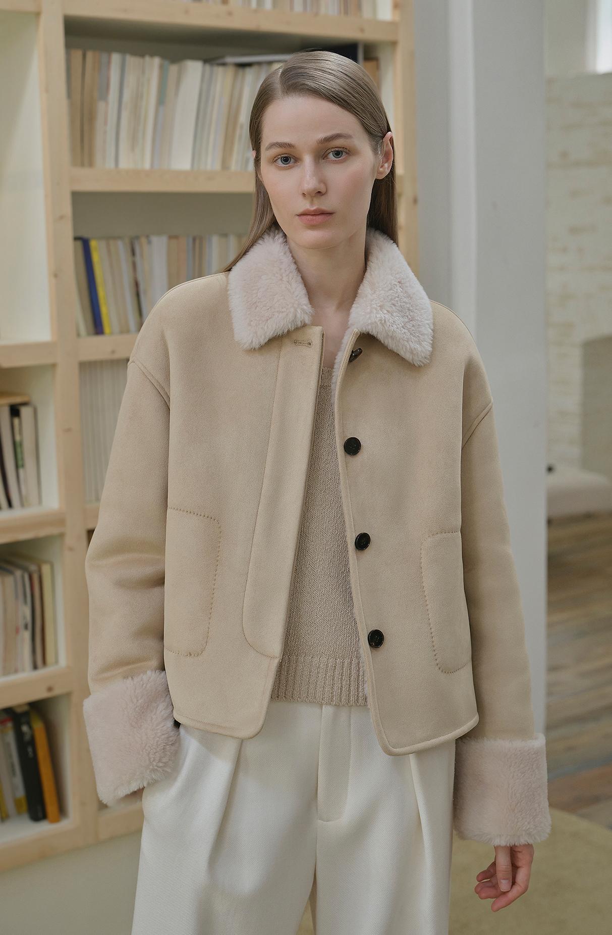 "Slightly Sweet Latte" Furry Lapel Wool Artificial Compound Suede Casual Straight Shearling Jacket-0