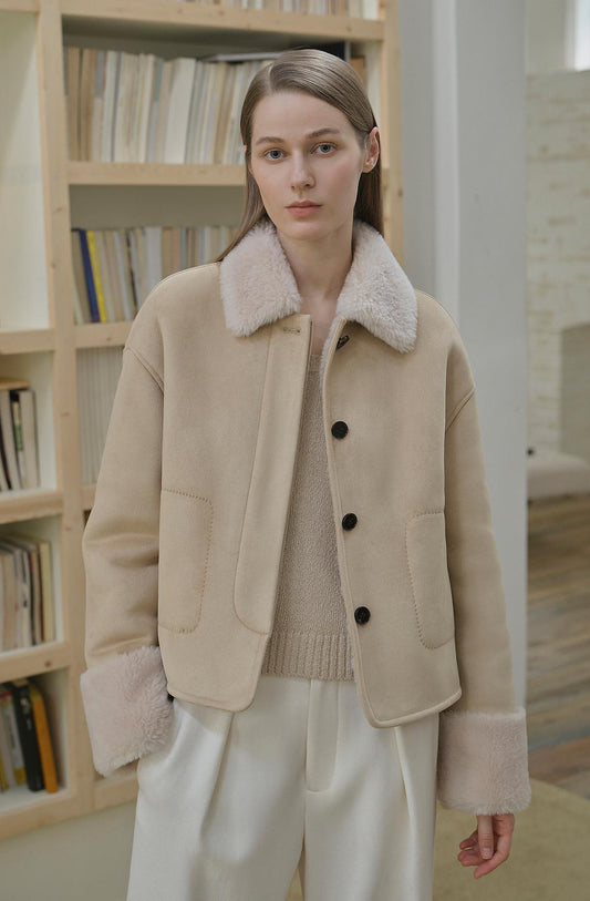 "Slightly Sweet Latte" Furry Lapel Wool Artificial Compound Suede Casual Straight Shearling Jacket-0