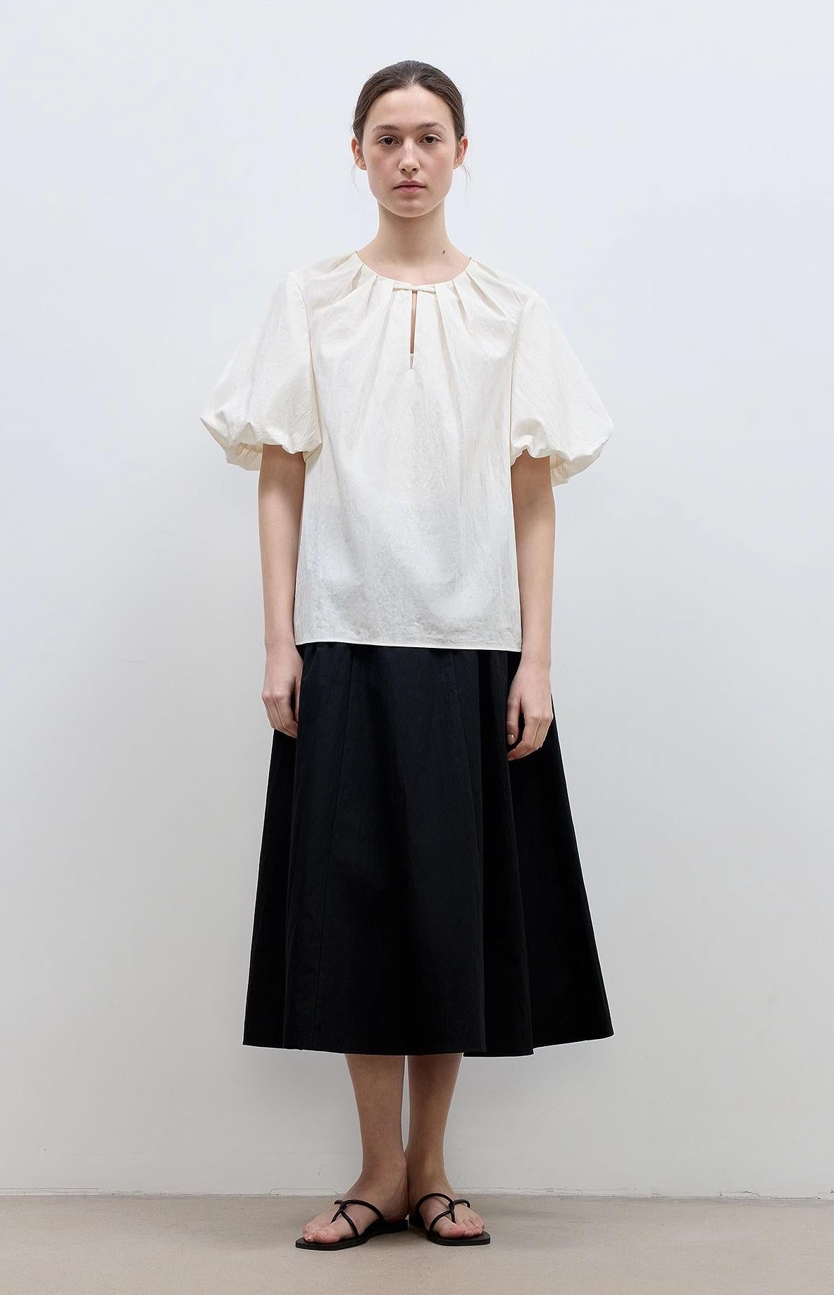 "Iceland Diary" neckline pleated design round neck tie puff sleeve short sleeve shirt for women-4
