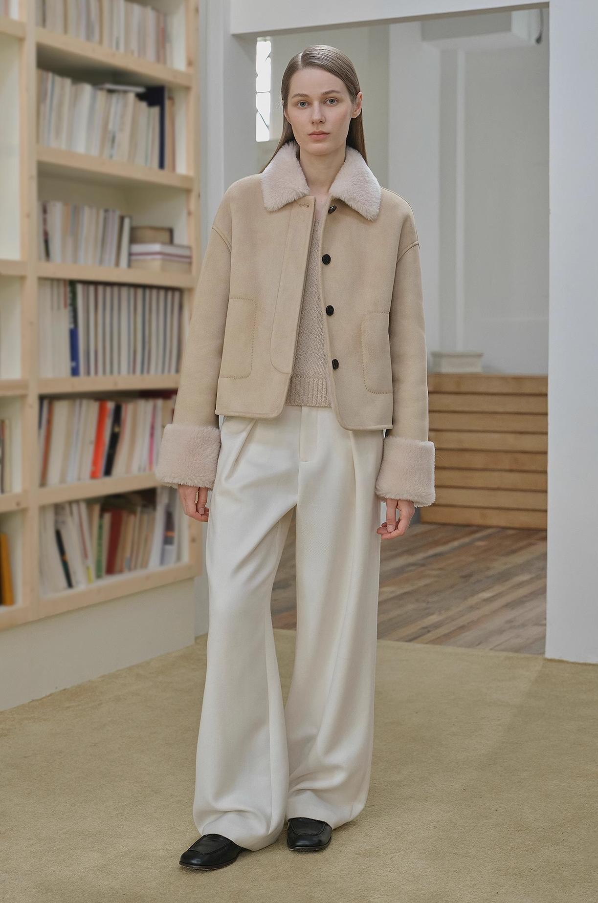 "Slightly Sweet Latte" Furry Lapel Wool Artificial Compound Suede Casual Straight Shearling Jacket-2