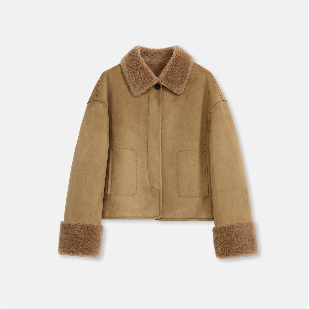 "Slightly Sweet Latte" Furry Lapel Wool Artificial Compound Suede Casual Straight Shearling Jacket-5