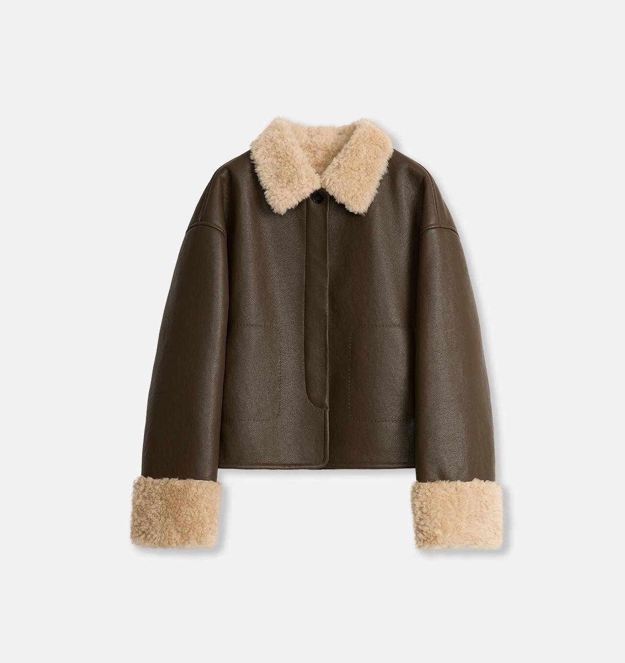 "Slightly Sweet Latte" Furry Lapel Wool Artificial Compound Suede Casual Straight Shearling Jacket-7