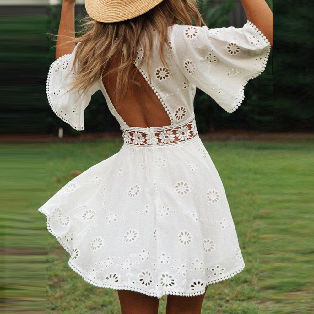 Backless Dress Short Sleeve Mini Cocktail Sundress Cotton+Lace Lady Casual Women Summer Dresses Sweet Cute Fashion-0