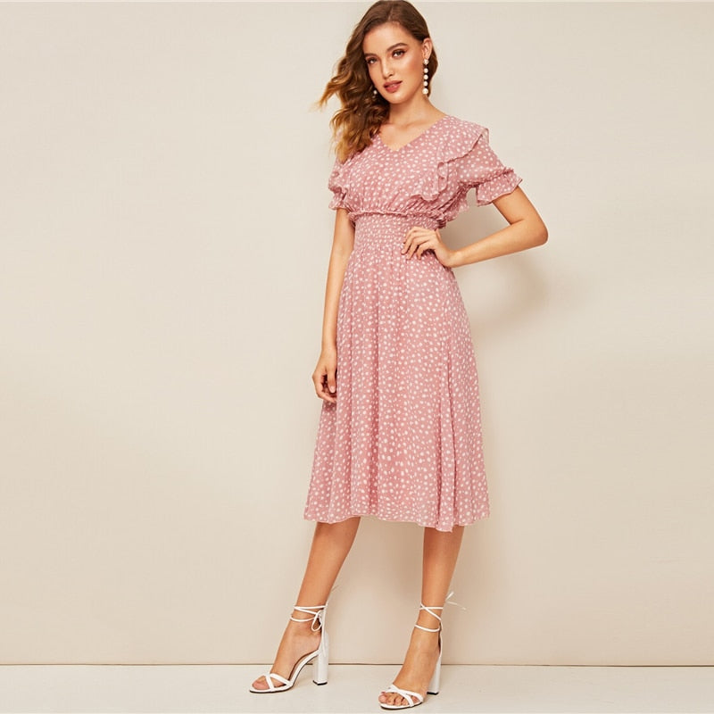 Pink Ruffle Trim Puff Sleeve Shirred Waist Summer Boho Dress Fit and Flare Dress Women Elegant Empire Long Dresses-4