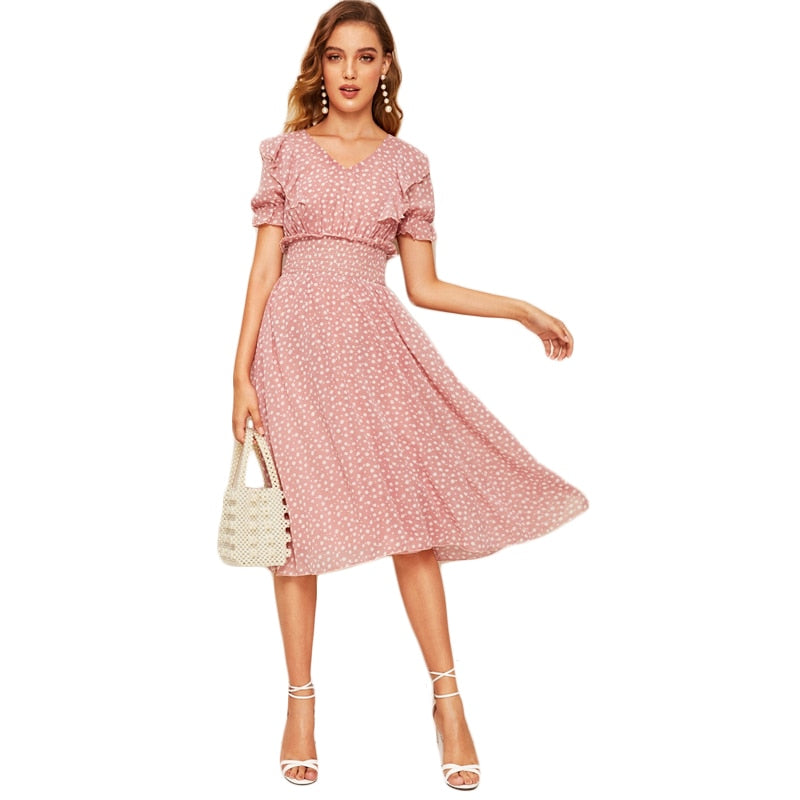 Pink Ruffle Trim Puff Sleeve Shirred Waist Summer Boho Dress Fit and Flare Dress Women Elegant Empire Long Dresses-3