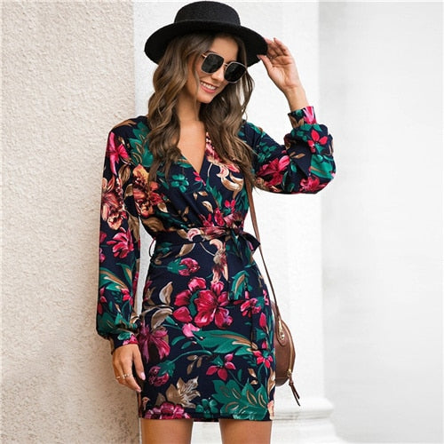 V Neck Floral Print Casual Belted Pencil Dress  Streetwear High Waist Multicolor Short Dresses-0