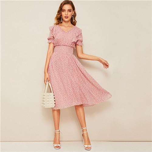 Pink Ruffle Trim Puff Sleeve Shirred Waist Summer Boho Dress Fit and Flare Dress Women Elegant Empire Long Dresses-0